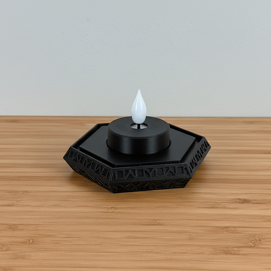 Black decorative candle holder with a white candle on a wooden surface